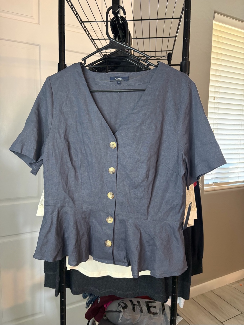Angels Slate Blue Button-Front Peplum Top